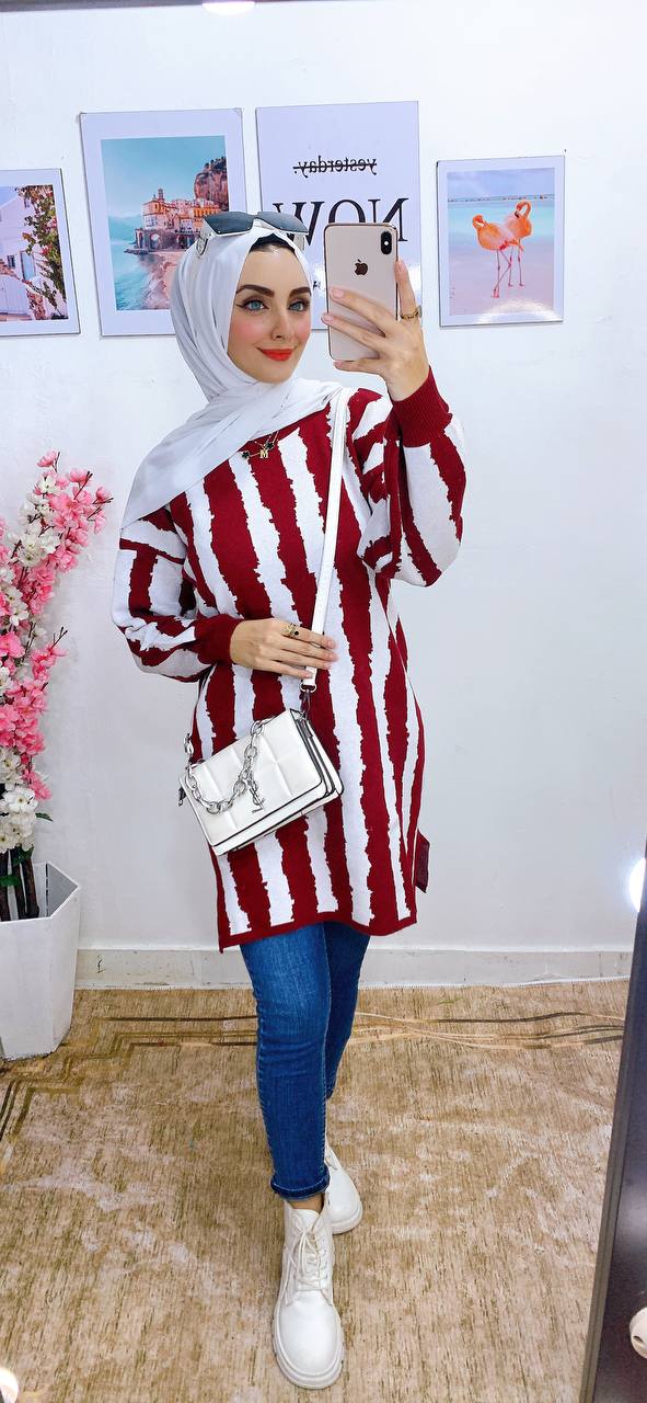 مصغّر المنتج 17: بنشو/تونك طويل شرايح أبيض