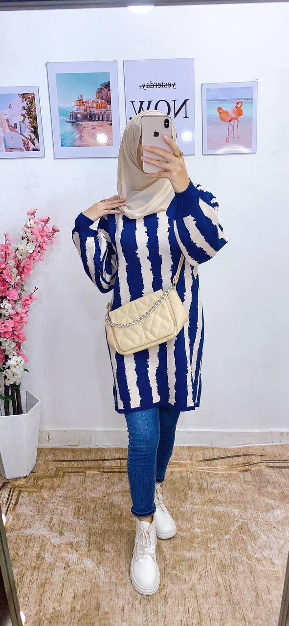 مصغّر المنتج 13: بنشو/تونك طويل شرايح أبيض