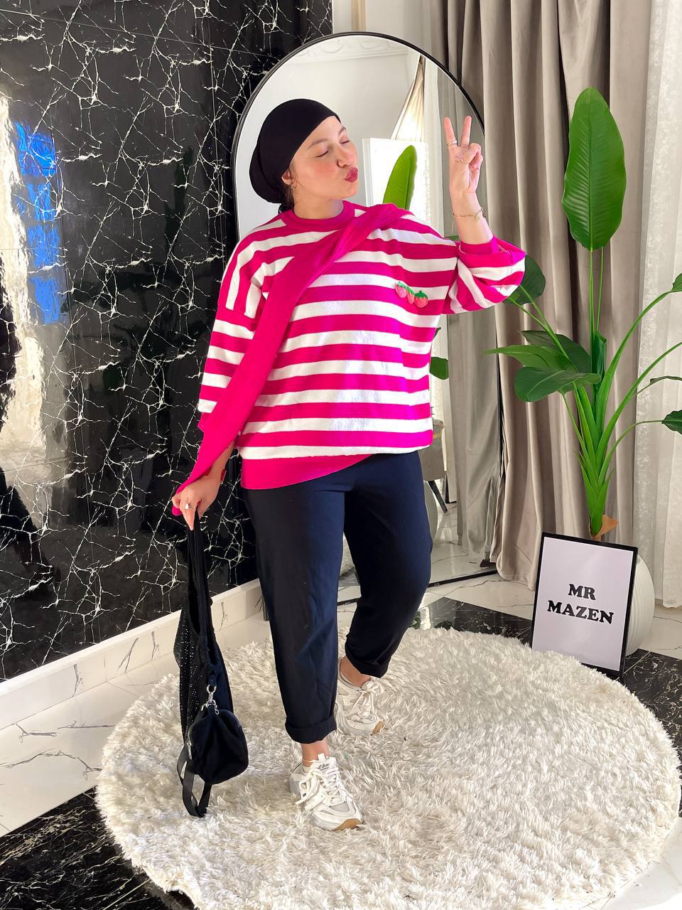 مصغّر المنتج 1: بلاوز شتوي مقلم مع إسكرف جلد