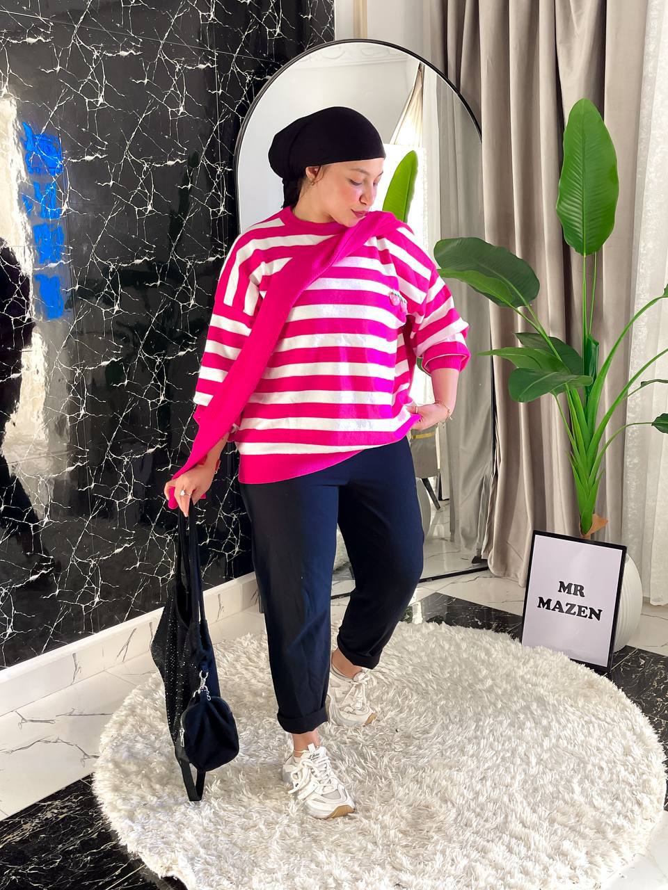 مصغّر المنتج 2: بلاوز شتوي مقلم مع إسكرف جلد