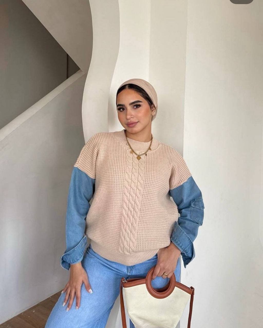 مصغّر المنتج 3: بالعربية: بلوزة تريكو "موهير إيطالي" بأكمام جينز.