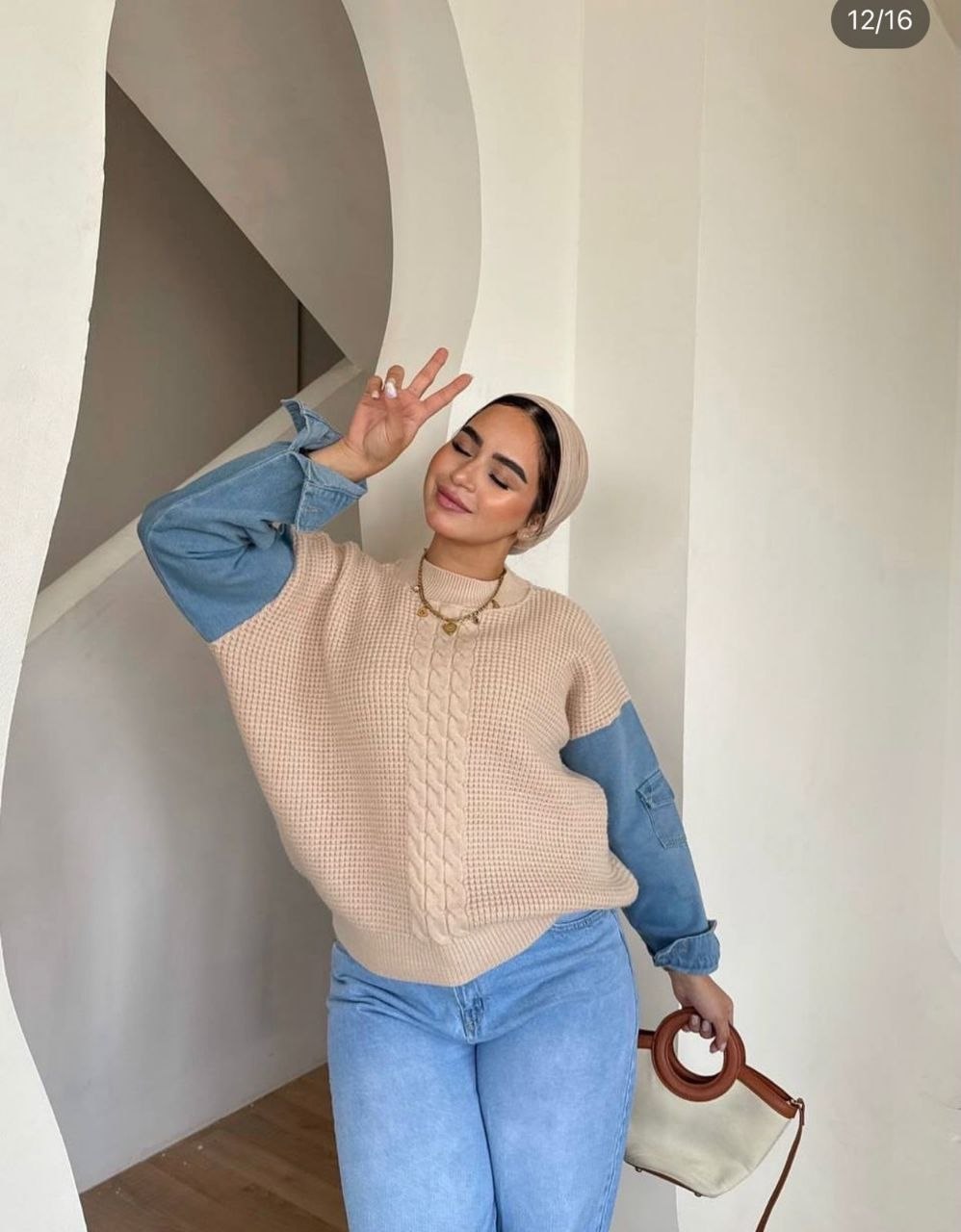 مصغّر المنتج 4: بالعربية: بلوزة تريكو "موهير إيطالي" بأكمام جينز.