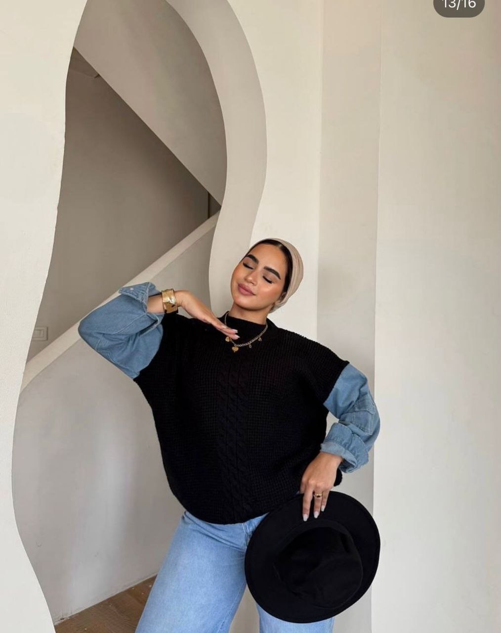 مصغّر المنتج 1: بالعربية: بلوزة تريكو "موهير إيطالي" بأكمام جينز.