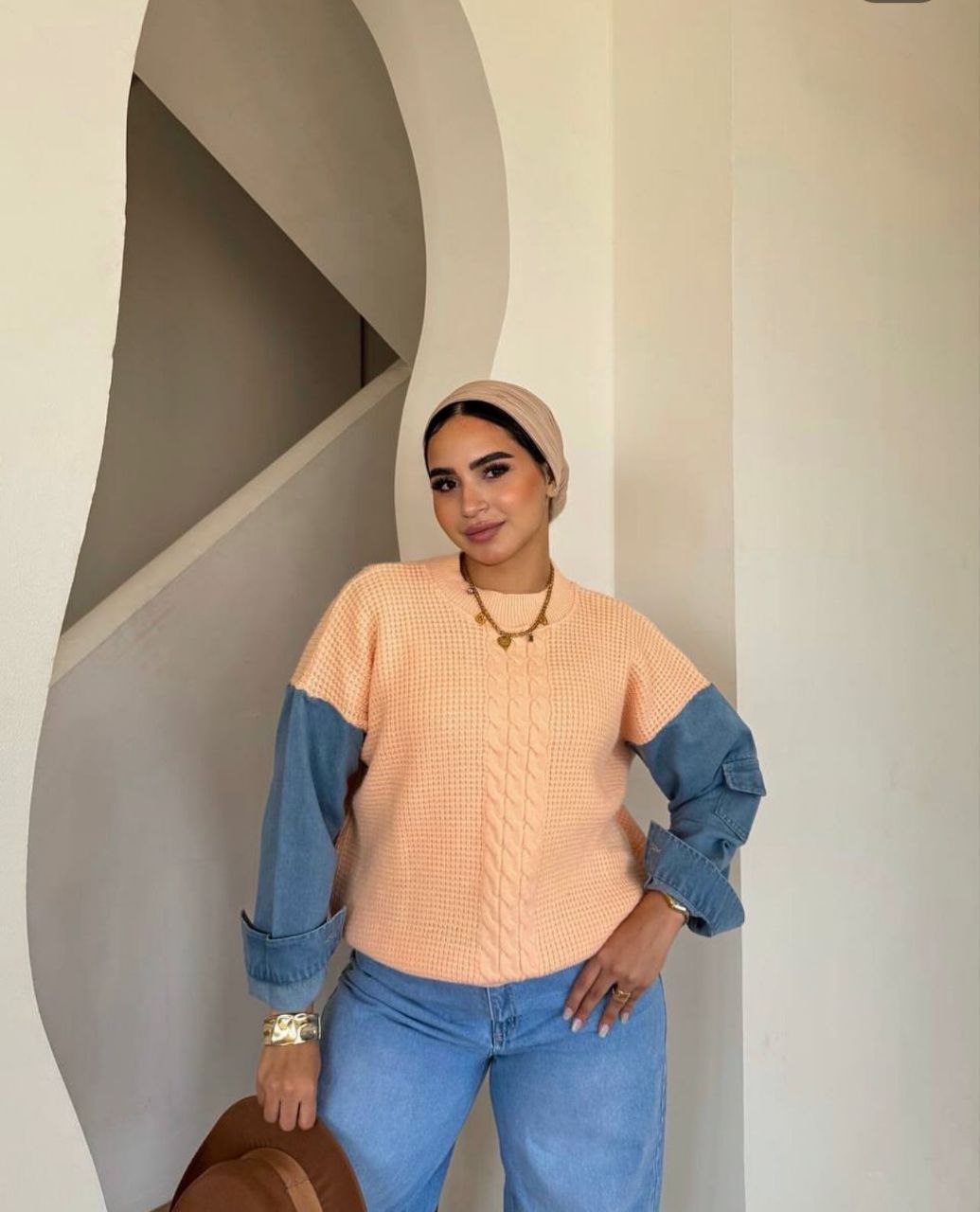 مصغّر المنتج 5: بالعربية: بلوزة تريكو "موهير إيطالي" بأكمام جينز.